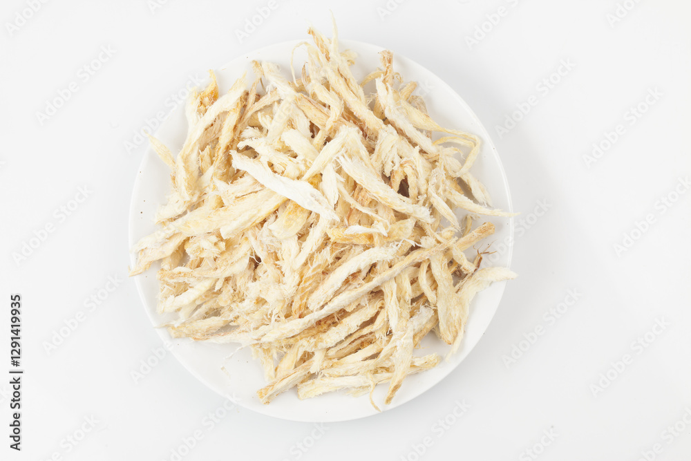 Dried pollack cut into small pieces. Or shredded dried pollack.
Dried pollack cut into small pieces. Or shredded dried pollack.
