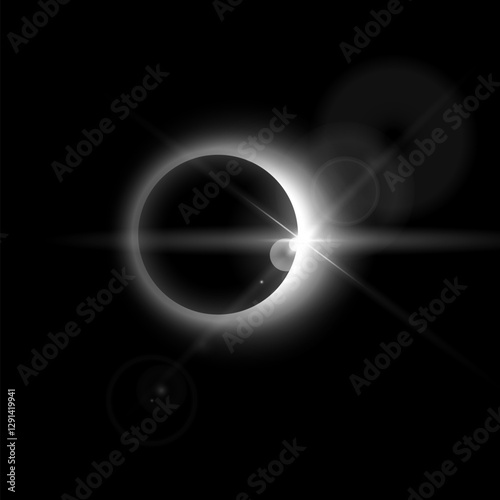 Vector black and white illustration of total solar or lunar eclipse with rays and highlights.