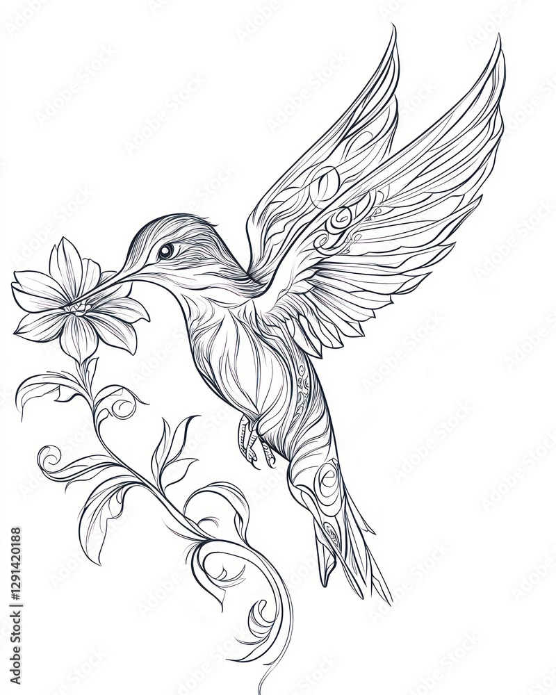 Obraz premium A sleek single-line drawing a hummingbird feeding from a flower, with swirling patterns forming its wings