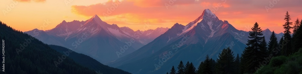 Obraz premium Warm orange hues on rugged mountain peaks at dusk, trees, summer, nature