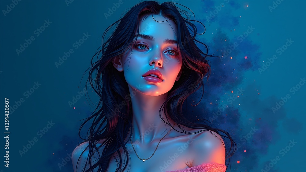 3d gorgeous woman elegant lines, drops, strokes liquid ink blue color pattern magical long hair background is a deep blue light and shadow 3d gorgeous woman elegant lines, drops, strokes liquid ink blue color pattern magical long hair background is a deep blue light and shadow