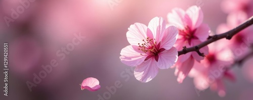 A delicate pink cherry blossom with a single petal falling from its branch, blossoms, spring, pink