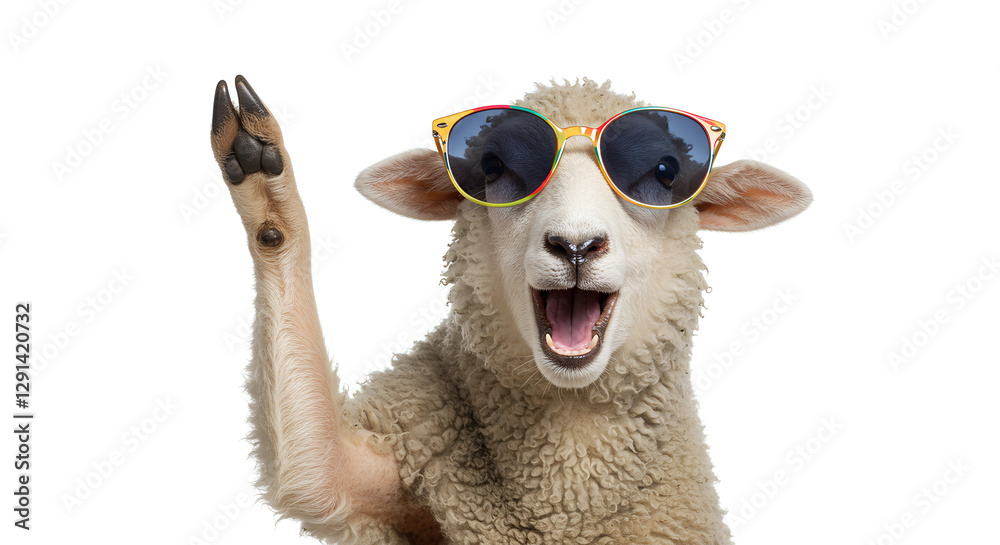 Naklejka premium Happy sheep wearing sunglasses waving its hoof, funny animals, copy space 