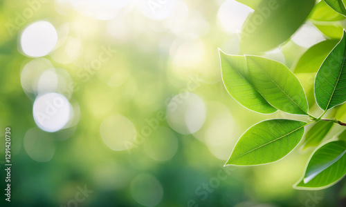 Fresh Green Leaves with Sunlight and Bokeh Background