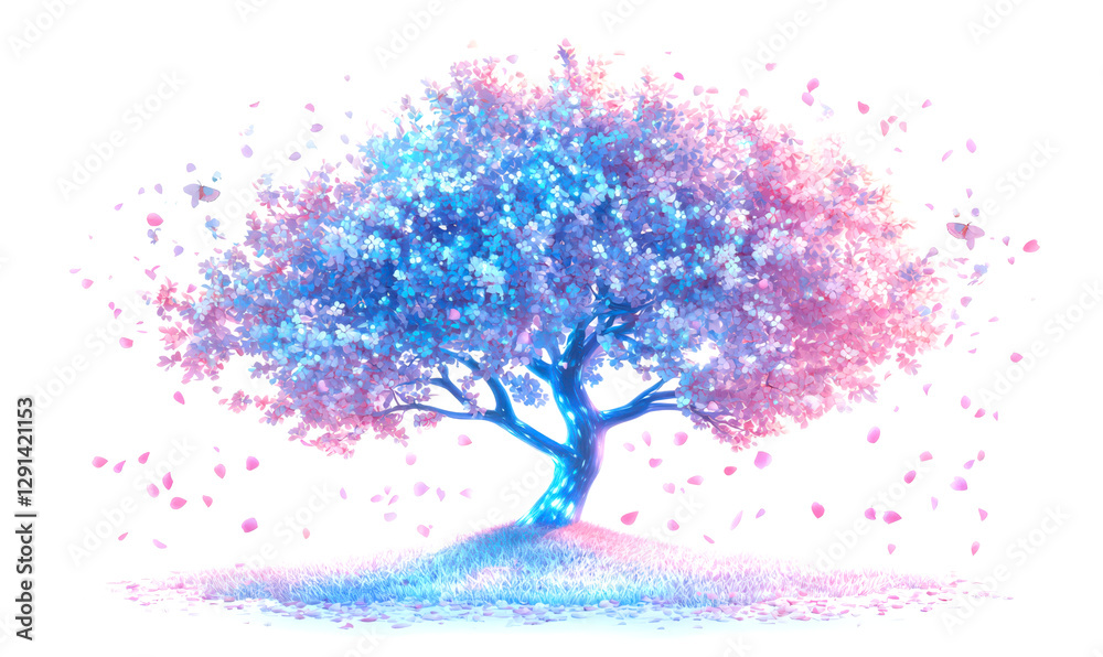 Obraz premium Glossy Iridescent Cherry Tree in Full Bloom with Petals Falling Isolate on White Background