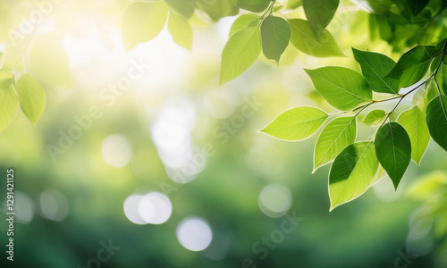 Fresh Green Leaves with Sunlight and Bokeh Background