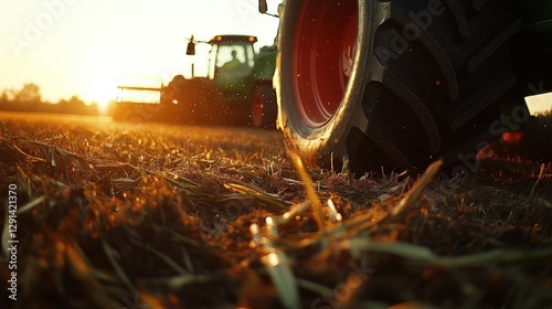 A close-up view of a tractor tire on a dusty field illuminated by golden hour light, depicting the hard work and effort put into crop cultivation and farming.