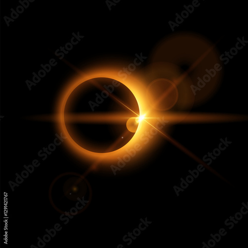 Solar eclipse with sunlight, halo flare and rays, vector realistic gold glowing planet eclipse in universe, Astronomy