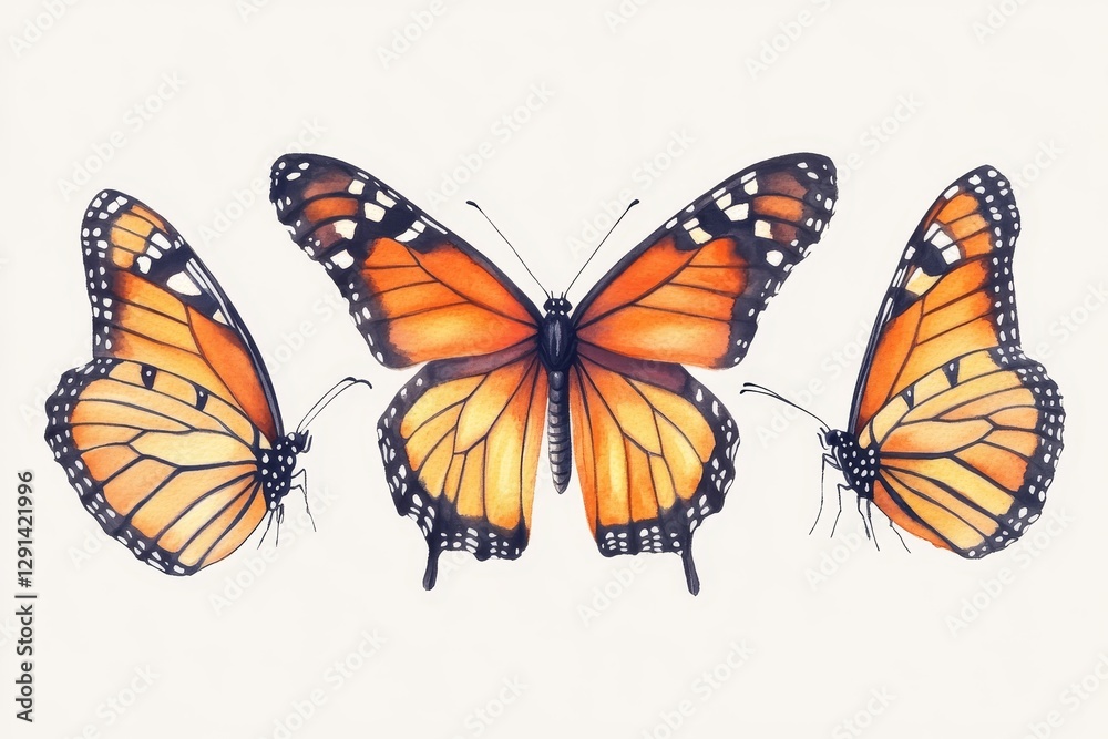 Fototapeta premium Intricate watercolor depiction of three unique butterflies on soft grey background