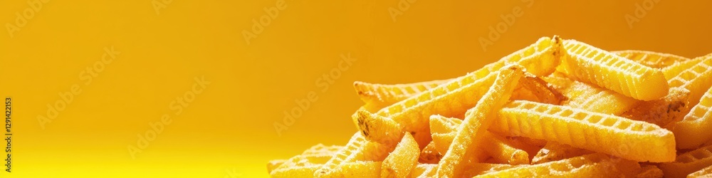 3d background minimalistic mockup with space for text Crispy Waffle Fries on Bright Golden Fry Yellow Background 3d background minimalistic mockup with space for text Crispy Waffle Fries on Bright Golden Fry Yellow Background