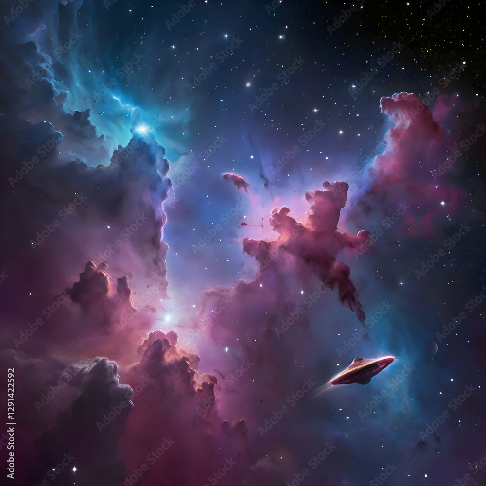 Fototapeta premium Glowing Starships in Formation Soaring Across a Radiant Nebula