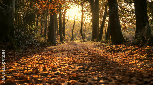 Golden hour woodland trails with seasonal leaf coverage