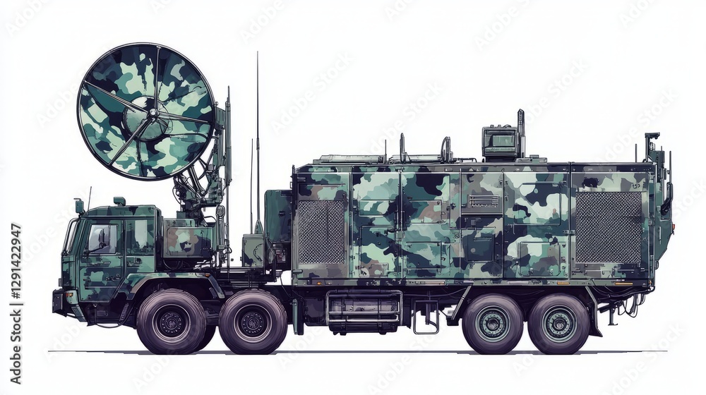 Fototapeta premium Digital Illustration of a Camouflaged Military Truck with Large Satellite Antenna