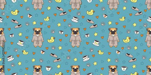 Cute boxer dog in bathrobe seamless pattern on blue. Adorable boxer dog in cozy bathrobe digital design