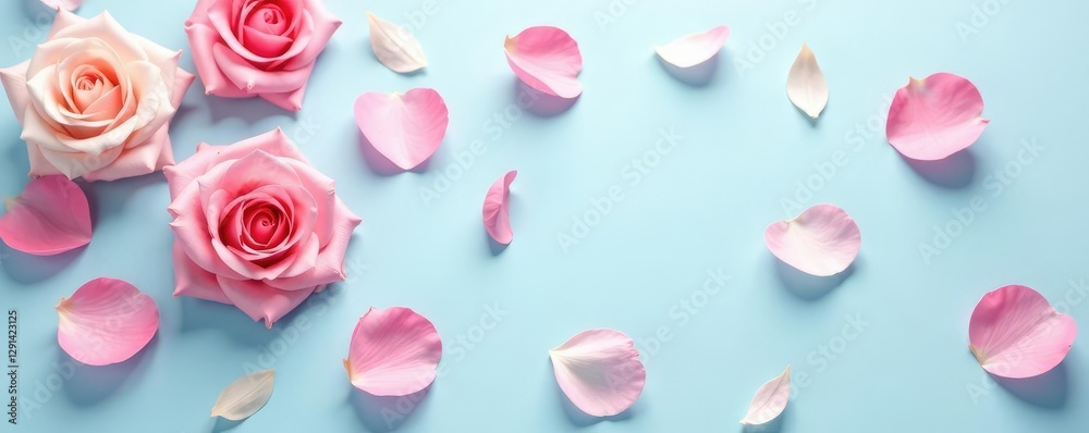 Soft rose petals scattered on a pale blue background, floral arrangement, calming Soft rose petals scattered on a pale blue background, floral arrangement, calming