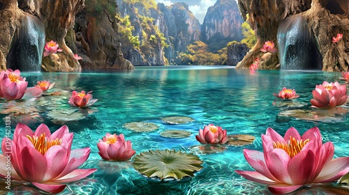 Pink Lotus Flowers on a Tranquil Teal Lake in a Lush Tropical Cave