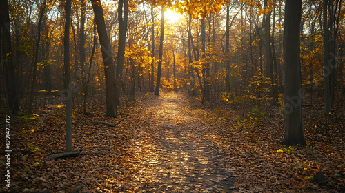Golden hour woodland trails with seasonal leaf coverage