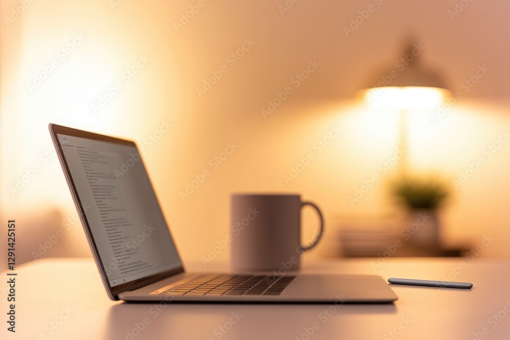 Fototapeta premium Cozy workspace featuring laptop, coffee mug, and warm lighting a