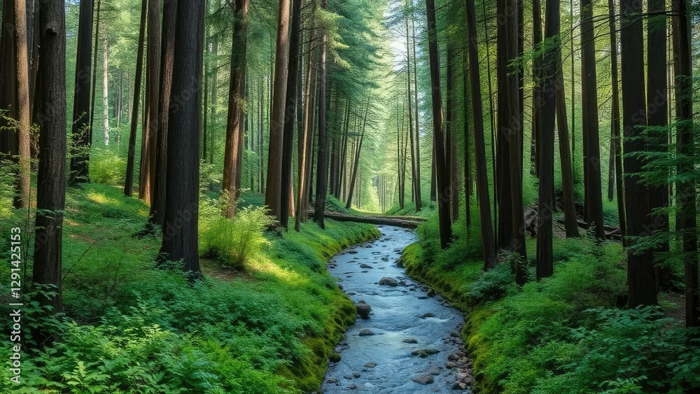 Fototapeta premium A narrow forest stream flows through a dense thicket of tall trees, greenery, trees, forest stream