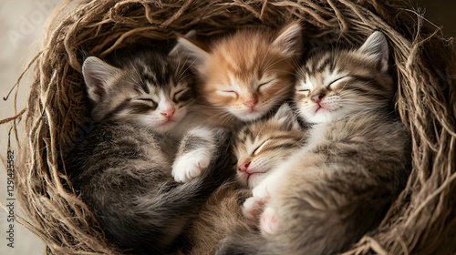 Group of kittens sleeping peacefully in a cozy nest from an overhead perspective
