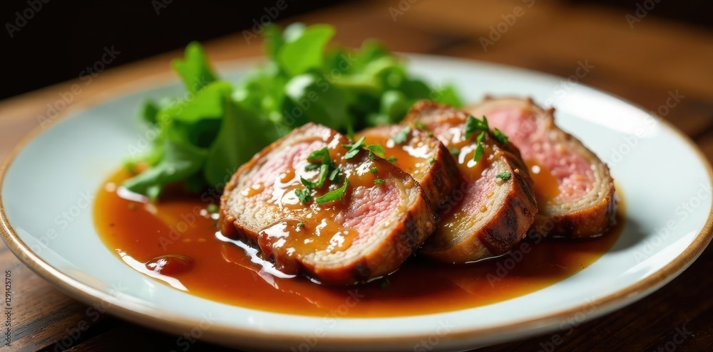 Warm brown gravy cascades down the plate, enveloping sliced meat in its savory goodness, meal, meat, homey Warm brown gravy cascades down the plate, enveloping sliced meat in its savory goodness, meal, meat, homey