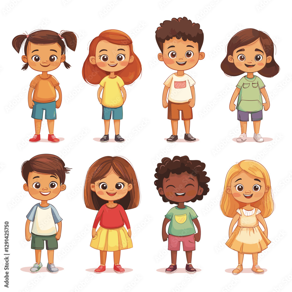 Set of Happy multiethnic preschool girls and boy standing in different expression, Cute Children Characters Set of Happy multiethnic preschool girls and boy standing in different expression, Cute Children Characters