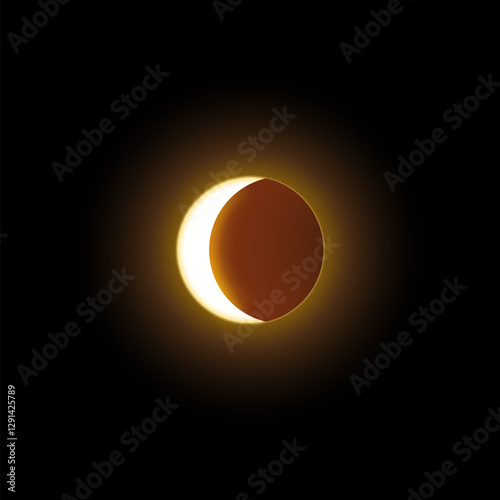 Lunar or solar eclipse phase illustration, with glowing ring on black isolated background.