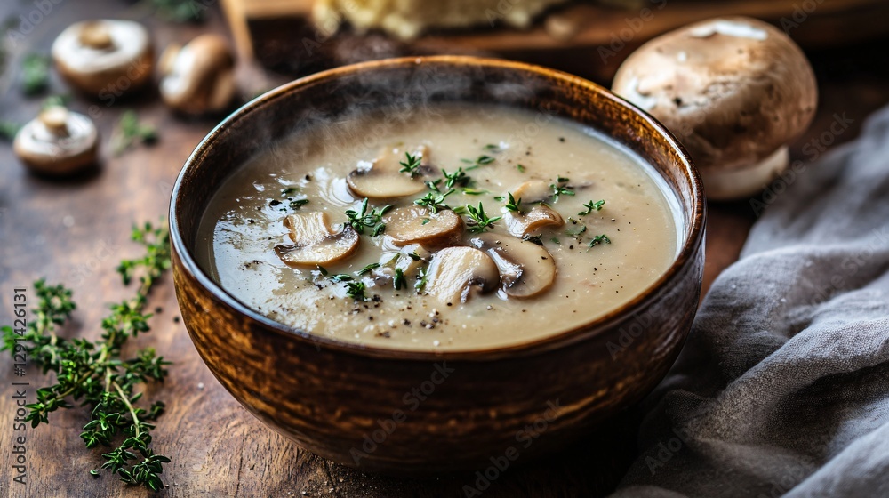 Creamy mushroom soup with fresh thyme in rustic bowl, a comforting and flavorful dish for autumn and winter, served with crusty bread. Creamy mushroom soup with fresh thyme in rustic bowl, a comforting and flavorful dish for autumn and winter, served with crusty bread.