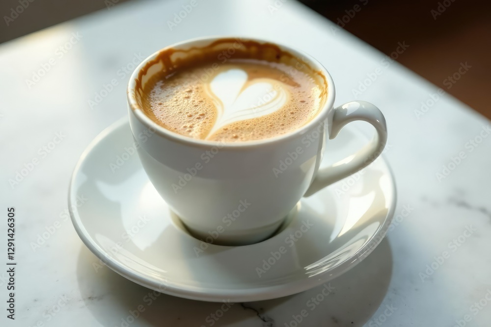 Warm cup filled with frothy coffee on a marble saucer, morning, white cup, beverage