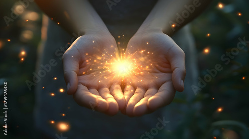 Hands cradling a radiant light source in a serene environment evoking hope and spiritual energy
