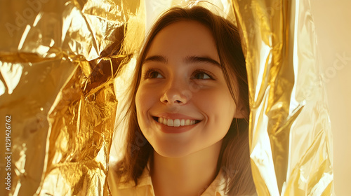 Happy young woman looking out through golden foil curtain against beige background