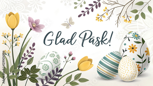 Swedish Easter card with floral decorations and tulips, and Scandinavian-style design featuring the text 