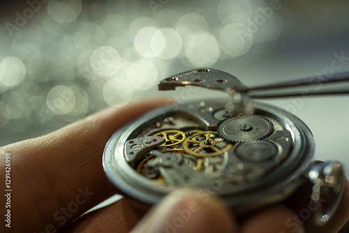 Close up of unrecognizable factory worker assembling intricate mechanical watch, copy space