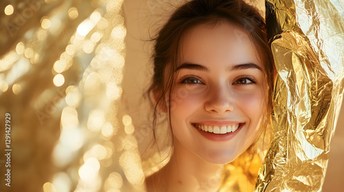 Happy young woman looking out through golden foil curtain against beige background