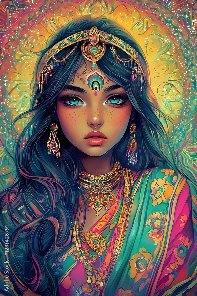 Naklejka premium Enchanting Indian Princess A Vibrant Portrait of Beauty and Majesty