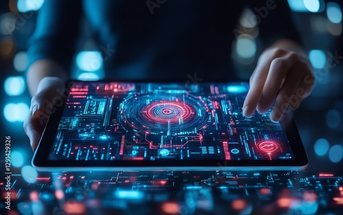 Individual holding a tablet, hands displaying futuristic digital data, grasping cuttingedge technology, holographic visuals, modern interface, tech innovation theme