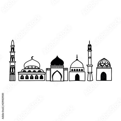 Islamic architecture slender minaret with arched windows,a domed structure with an ornate top.  