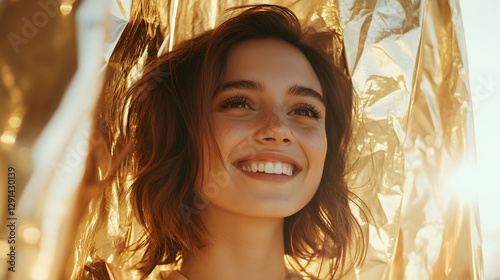 Happy young woman looking out through golden foil curtain against beige background