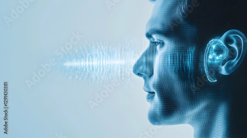 Hearing loss concept with man and sound waves illustration on light blue background, closeup