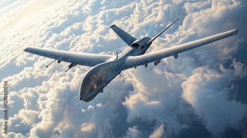 Grey Drone in Flight Above Clouds, Aerial Military Technology