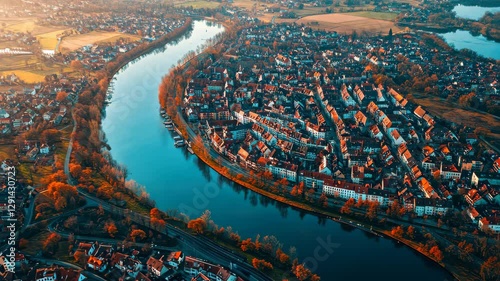 Eagle view of Hanau showing the river and the charming neighborhoods at sunset in Hesse, Germany, Aerial view of the city Hanau in Germany, hesse on an early spring day