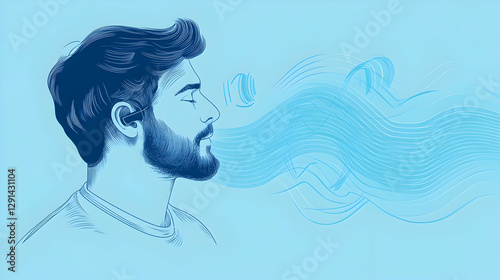 Hearing loss concept with man and sound waves illustration on light blue background, closeup