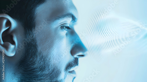 Hearing loss concept with man and sound waves illustration on light blue background, closeup