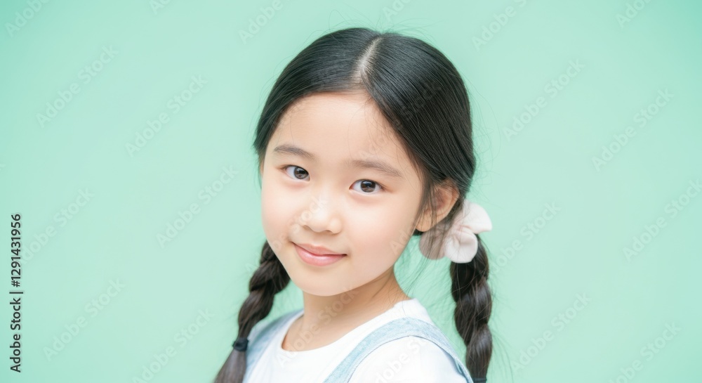 Asian female child with braids and pink hair ties smiling against green background Asian female child with braids and pink hair ties smiling against green background