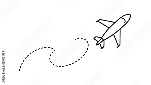 Simple black line drawing of an airplane with flight path.