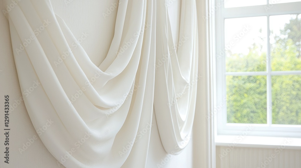 White drapes against wall, window view