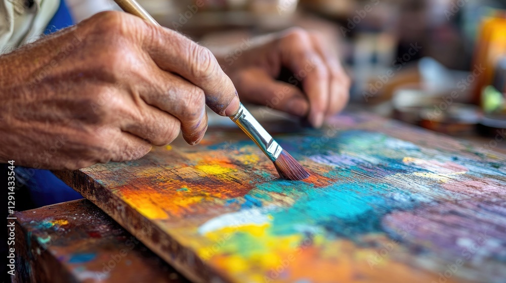 Fototapeta premium Artist's Hand with Brush Painting Colorful Abstract Art on Canvas