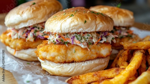 Crispy fish sandwiches with coleslaw and fries on parchment paper photo