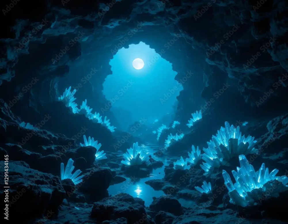 Fototapeta premium Abyssal azure moonlit cavern with bioluminescent crystals