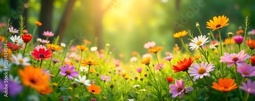  A vibrant tapestry of wildflowers bathed in sunlight, serene summer scene , photography, bright, image